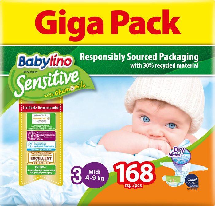 Βρεφική Πάνα No 3 (4-9 Kg) Giga Pack Babylino Sensitive (168τεμ)