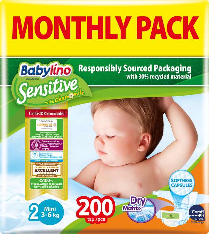Πάνες Babylino Sensitive Μηνιαίο Πακέτο (200 τεμ) No 2 (3-6 Kg)