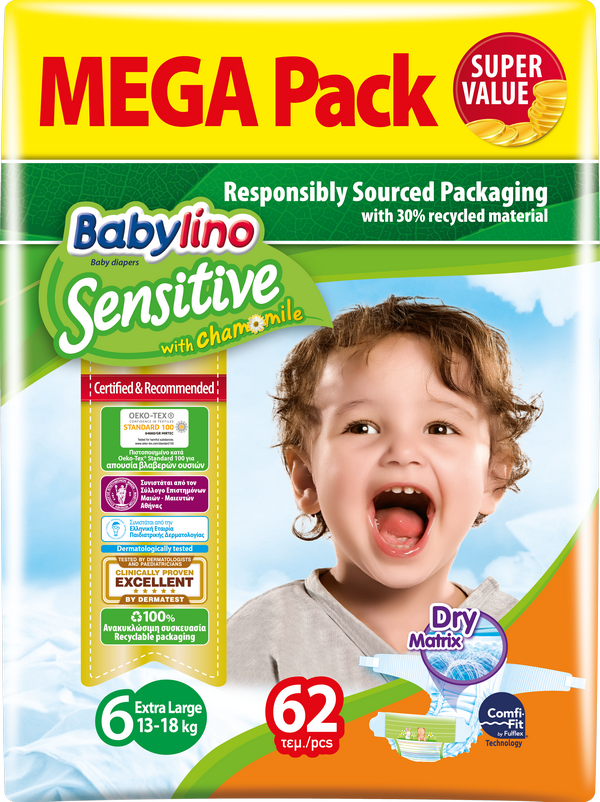 Πάνες Babylino Sensitive Mega Pack No6 (13-18Kg) (62τεμ)