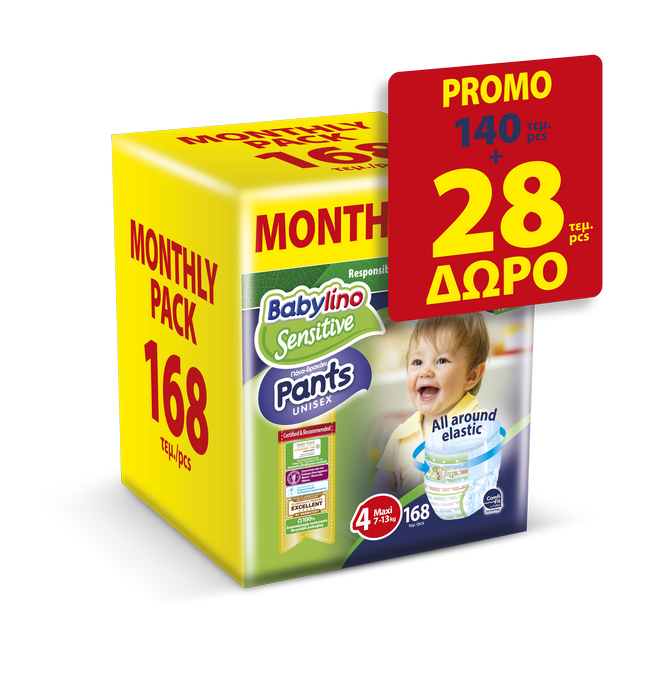 Πάνες Βρακάκι Babylino Pants Montly Pack Unisex Maxi No.4 (7-13kg) (140τεμ) +28τεμ Δώρο