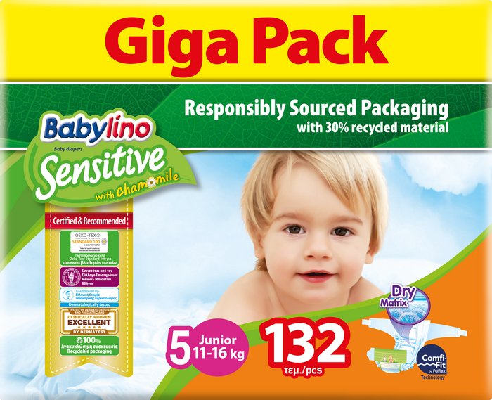 Βρεφική Πάνα No 5 (11-16Kg) Giga Pack Babylino Sensitive (132τεμ)