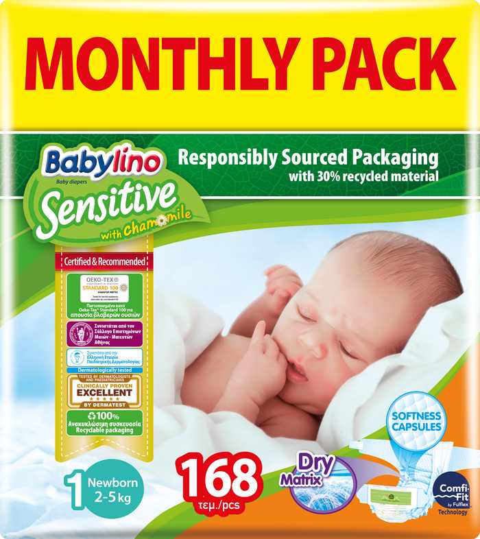 Πάνες Babylino Sensitive Μηνιαίο Πακέτο (168 τεμ) No 1 (2-5 Kg)