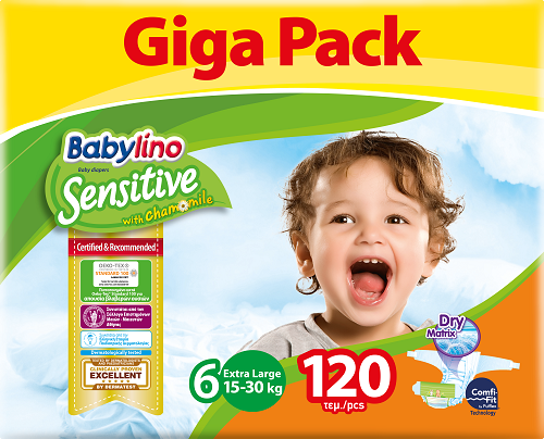 Βρεφική Πάνα No 6 (15-30 Kg) Giga Pack Babylino Sensitive (120τεμ)