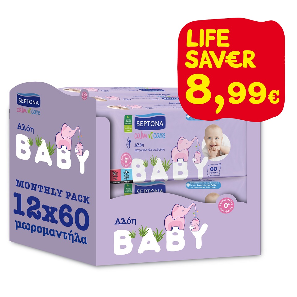 Μωρομάντηλα για Βρέφη με Αλόη Calm n’ Care Baby Monthly Pack Septona (12×60τεμ)