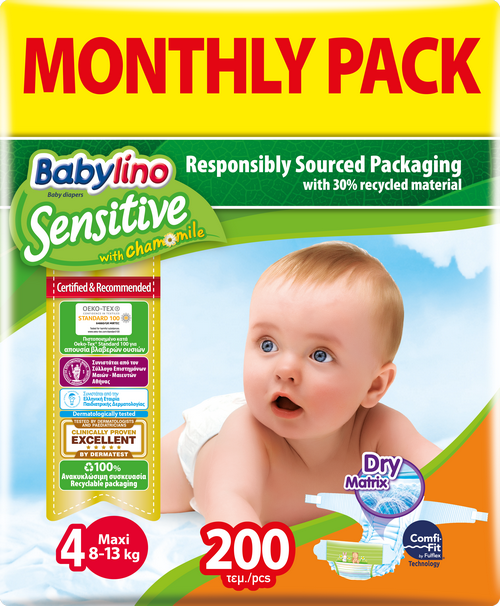 Πάνες Babylino Sensitive Μηνιαίο Πακέτο (200 τεμ) No 4 (8-13 Kg)