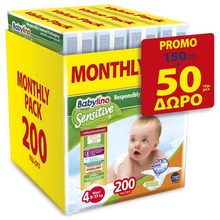 Ανοιχτές Πάνες Sensitive Μηνιαίο Πακέτο No4 (8-13kg) Babylino (150τεμ) +50τεμ Δώρο