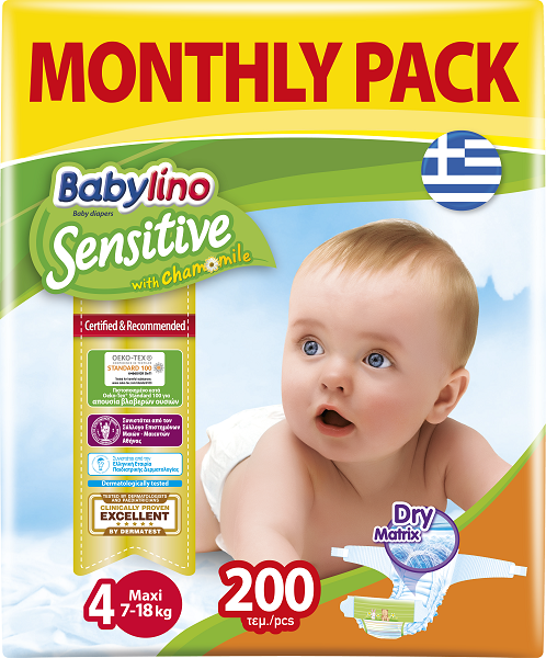 Πάνες Babylino Sensitive Μηνιαίο Πακέτο (200 τεμ) No 4 (7-18 Kg)