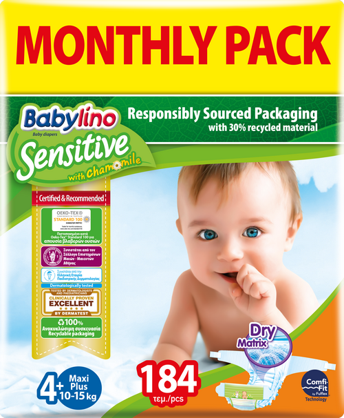 Πάνες Babylino Sensitive Μηνιαίο Πακέτο (184 τεμ) No 4+ (10-15 Kg)