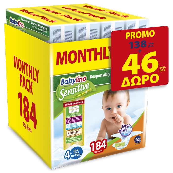Ανοιχτές Πάνες Sensitive Μηνιαίο Πακέτο No4+ (10-15kg) Babylino (138τεμ) +46τεμ Δώρο
