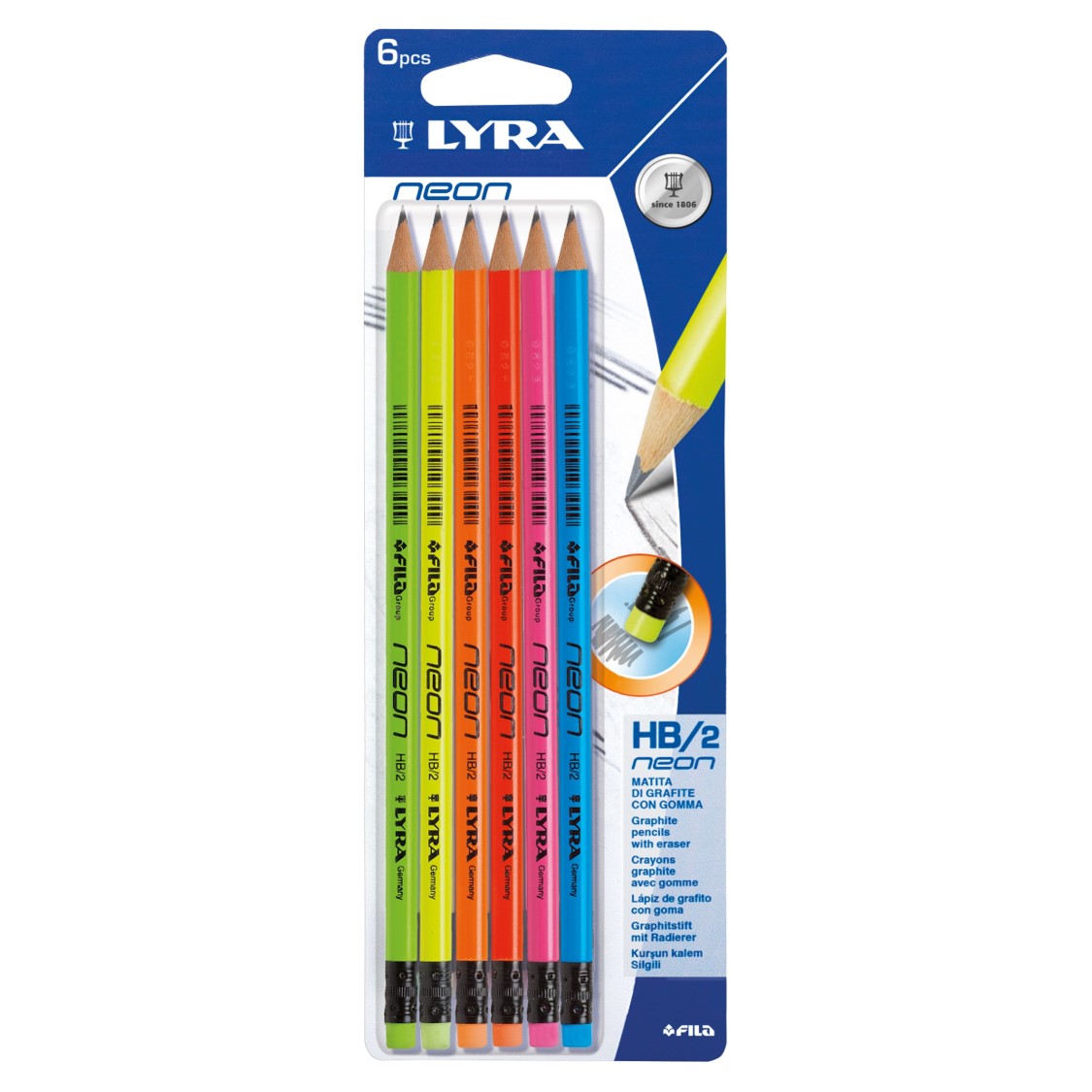 Διακάκης Μολύβι HB με Γόμα 6 χρώματα σε Blister Lyra Neon (1 τεμ)