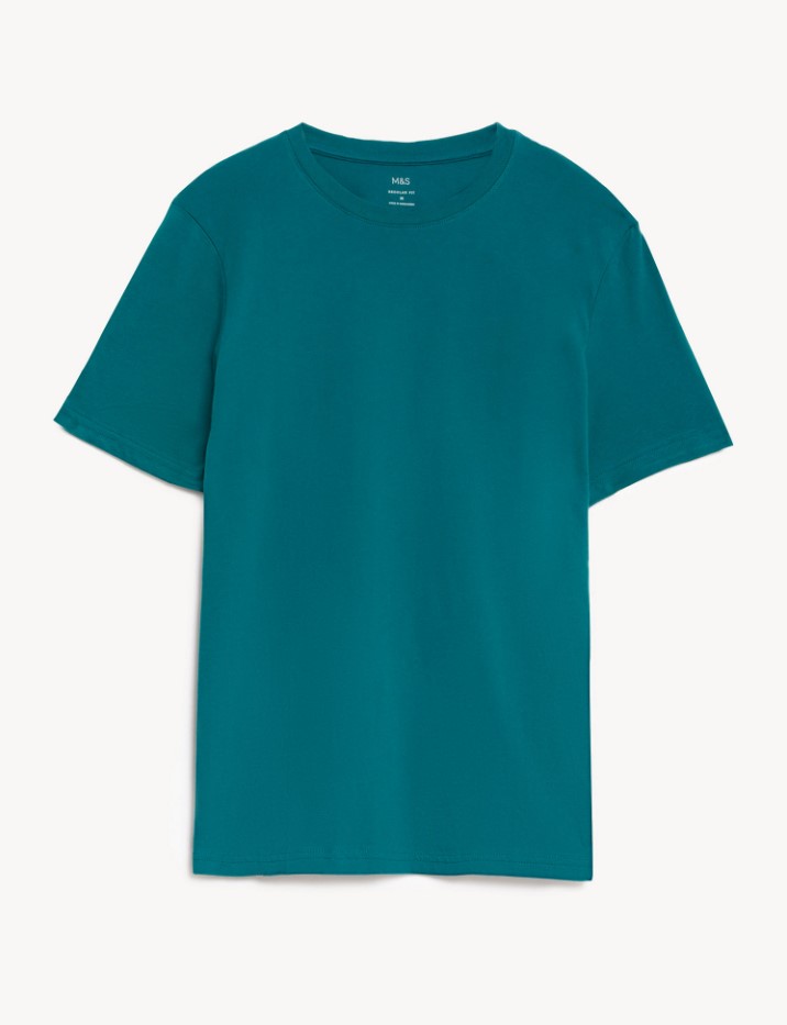 T-Shirt με Κλειστή Στρογγυλή Λαιμόκοψη Γαλαζοπράσινο από 100% βαμβάκι (M) Marks & Spencer